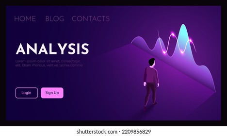 Man stands in front of finance chart. Business analytics concept. Vector illustration