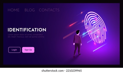 Man stands in front of finger print symbol. Biometric identification concept. Vector illustration