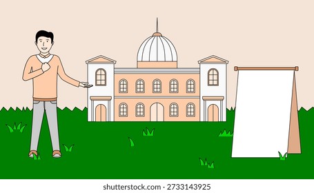 A man stands in front of a large building with a sign in front of him. The man is smiling and he is happy. The building is a large, ornate structure with a dome on top
