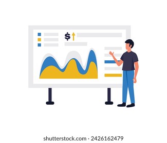Man stands in front of a large dashboard with financial data. Analytics, economic reporting, investment and trading. Information about the company. sales management concept vector flat illustration.