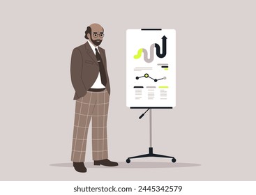 A man stands in front of a large poster, about to reveal a message on an office character flip board presentation