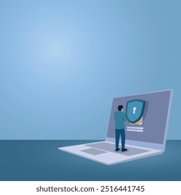 Um homem fica em frente a um notebook bloqueado, uma ilustração para segurança de dados, proteção de arquivos, privacidade.