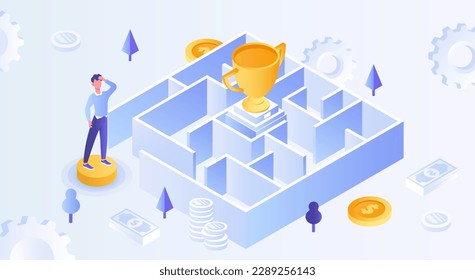 Man stands in front of maze or labyrinth with trophy and achievement, golden cup. Businessman or entrepreneur makes decision and solves problem, puzzle. Cartoon isometric vector illustration