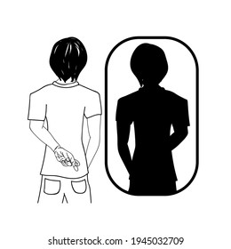 Man stands in front of mirror with fingers crossed, Lie promise, on luck, false, superstition symbol. Deceiving yourself, fake reflection in the mirror. Vector illustration