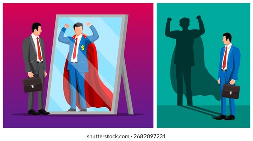 Man stands in front of mirror seeing himself as superhero. Concept of inner strength, ambition, and confidence.