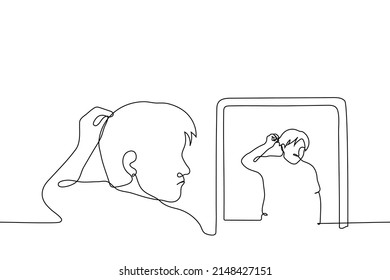 man stands in front of a mirror and touches his hair - one line drawing vector. concept of messed up hair, hair loss or male pattern baldness