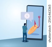 A man stands in front of a mobile phone with money on the bait. Illustration for click bait, digital phishing, online marketing.