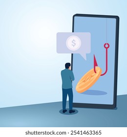 Um homem fica em frente a um celular com dinheiro mordido. Ilustração para isca de clique, phishing digital, marketing online.