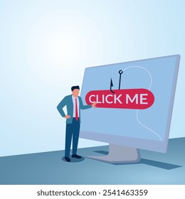 Un hombre se para frente a una pantalla que dice Hacer clic aquí. Ilustración para cebo Hacer clic, phishing digital, marketing online.