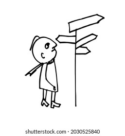A man stands in front of multidirectional signs. A hand-drawn sketch. Vector doodle illustration