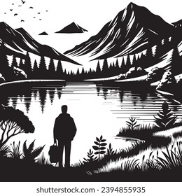 A man stands in front of a pond, and Around the pond mountain view