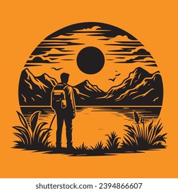 A man stands in front of a pond, and Around the pond mountain view