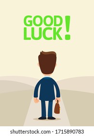 A man stands in front of a road that goes far into the distance. Start new business, new opportunities. Good luck! Challenges for businessman. Vector illustration flat cartoon style.