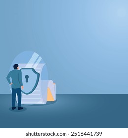 A man stands in front of a security shield of files coming out of a folder, an illustration for data security, file protection, privacy.