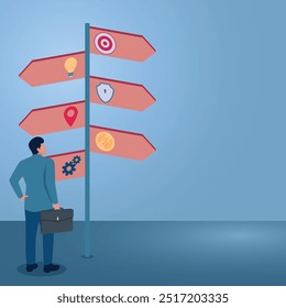 A man stands in front of a signboard to start a business, an illustration to explore business, market prediction, journey to success.