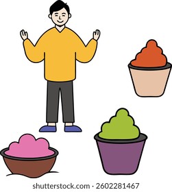 A man stands in front of three bowls, one of which is filled with ice cream. The man is smiling and is reaching out to the ice cream. Concept of happiness and enjoyment