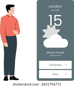A man stands in front of a weather app, looking at the screen with a thoughtful expression.