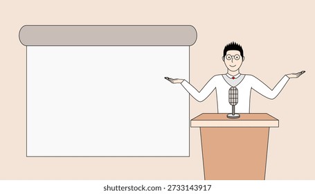 Un hombre se para frente a una pizarra blanca con un micrófono. Lleva una camisa blanca y gafas. Concepto de autoridad y profesionalismo, ya que el hombre probablemente está dando una presentación o discurso