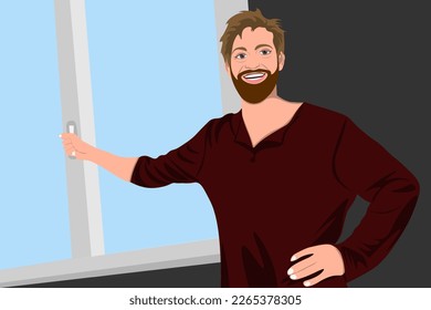 A man stands in front of a window on a sunny day. Vector illustration