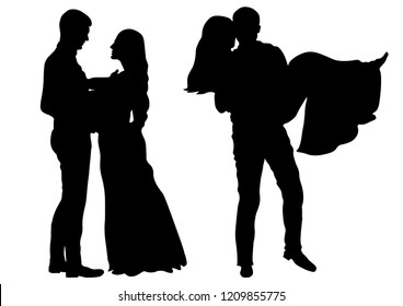 Man stands in front of woman and man holding woman. The newly married couple silhouette.