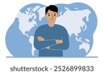 A man stands in front of a world map with his arms crossed. Vector flat illustration