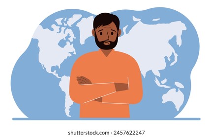 A man stands in front of a world map with his arms crossed. Vector flat illustration