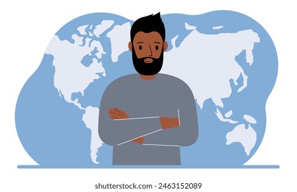 A man stands in front of a world map with his arms crossed. Vector flat illustration