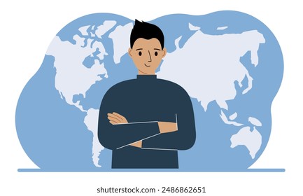 A man stands in front of a world map with his arms crossed. Vector flat illustration