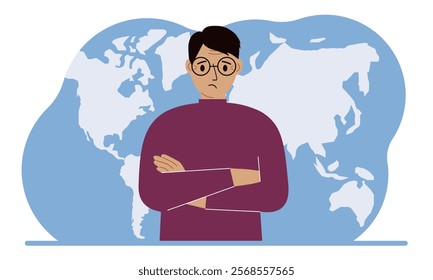 A man stands in front of a world map with his arms crossed. Vector flat illustration