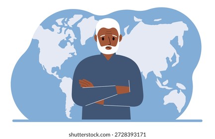 Un hombre de pie frente a un mapa del mundo con los brazos cruzados. Ilustración plana de Vector