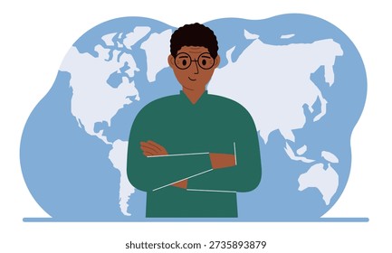 A man stands in front of a world map with his arms crossed. Vector flat illustration
