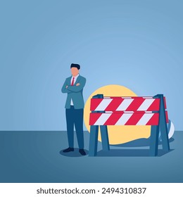 A man stands frustrated in front of a blockade of idea lights, an illustration of a fixed mindset.