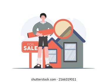 A man stands in full growth busy looking for a rental apartment. Property search. Flat style. Element for presentations, sites. Vector illustration