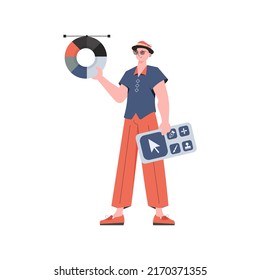 A man stands in full growth and color wheel in his hands  Isolated  Element for presentation  Vector illustration