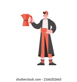 A man stands in full growth in the hands of coffee. Isolated. Element for presentations, sites. Vector illustration