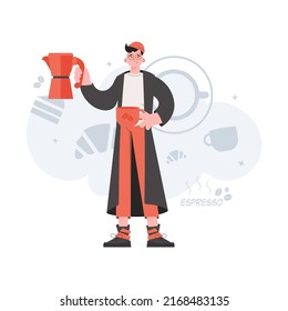 A man stands in full growth in the hands of coffee. Coffee shop. Element for presentations, sites. Vector illustration