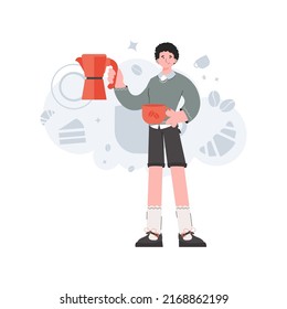 A man stands in full growth in the hands of a cup. Coffee shop. Element for presentations, sites. Vector illustration
