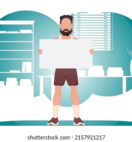 A man stands in full growth and in his hands is an empty space for advertising. Place for your advertisement. Cartoon style. Vector illustration