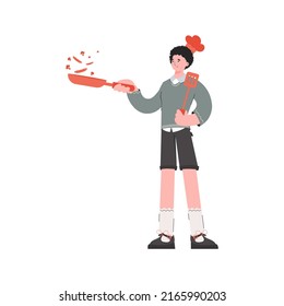 A man stands in full growth holding a frying pan. Isolated. Element for presentations, sites. Vector illustration
