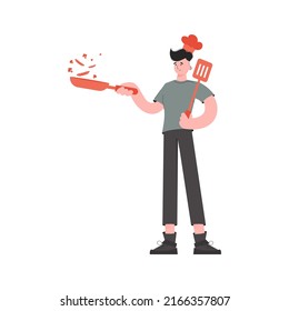 A man stands in full growth holding a frying pan and a spatula. Isolated. Element for presentations, sites. Vector illustration