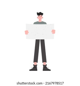 A man stands in full growth holding a blank sheet in his hands. Isolated. Flat style. Element for presentations, sites. Vector illustration