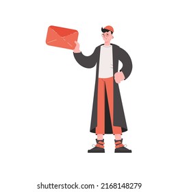 A man stands in full growth holding a letter. Isolated. Element for presentations, sites. Vector illustration
