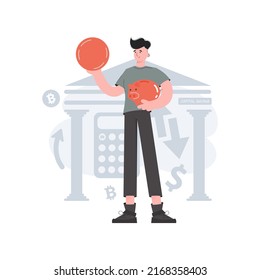 A man stands in full growth holding a coin and a savings box in his hands. Element for presentations, sites. Vector illustration