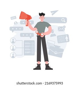 A man stands in full growth holding a loudspeaker and binoculars. HR theme. Element for presentations, sites. Vector illustration