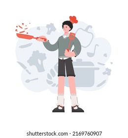A man stands in full growth holding a frying pan. Cafe. Element for presentations, sites. Vector illustration