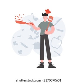 A man stands in full growth holding a frying pan and a spatula. Cafe. Element for presentations, sites. Vector illustration