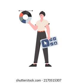 A man stands in full growth holding designer panel and color wheel  Isolated  Element for presentation  Vector illustration