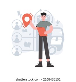 A man stands in full growth and holds a location icon in his hands. Delivery. Element for presentations, sites. Vector illustration