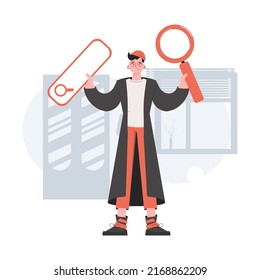 A man stands in full growth and holds a magnifying glass in his hands. Search. Element for presentations, sites. Vector illustration