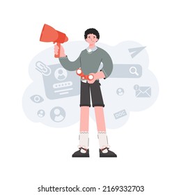 A man stands in full growth and holds a loudspeaker in his hands. HR theme. Element for presentations, sites. Vector illustration